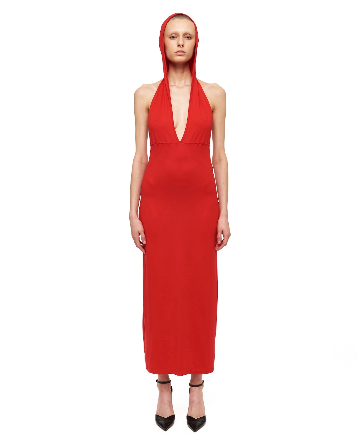 Red Hood V-Neck Maxi Dress