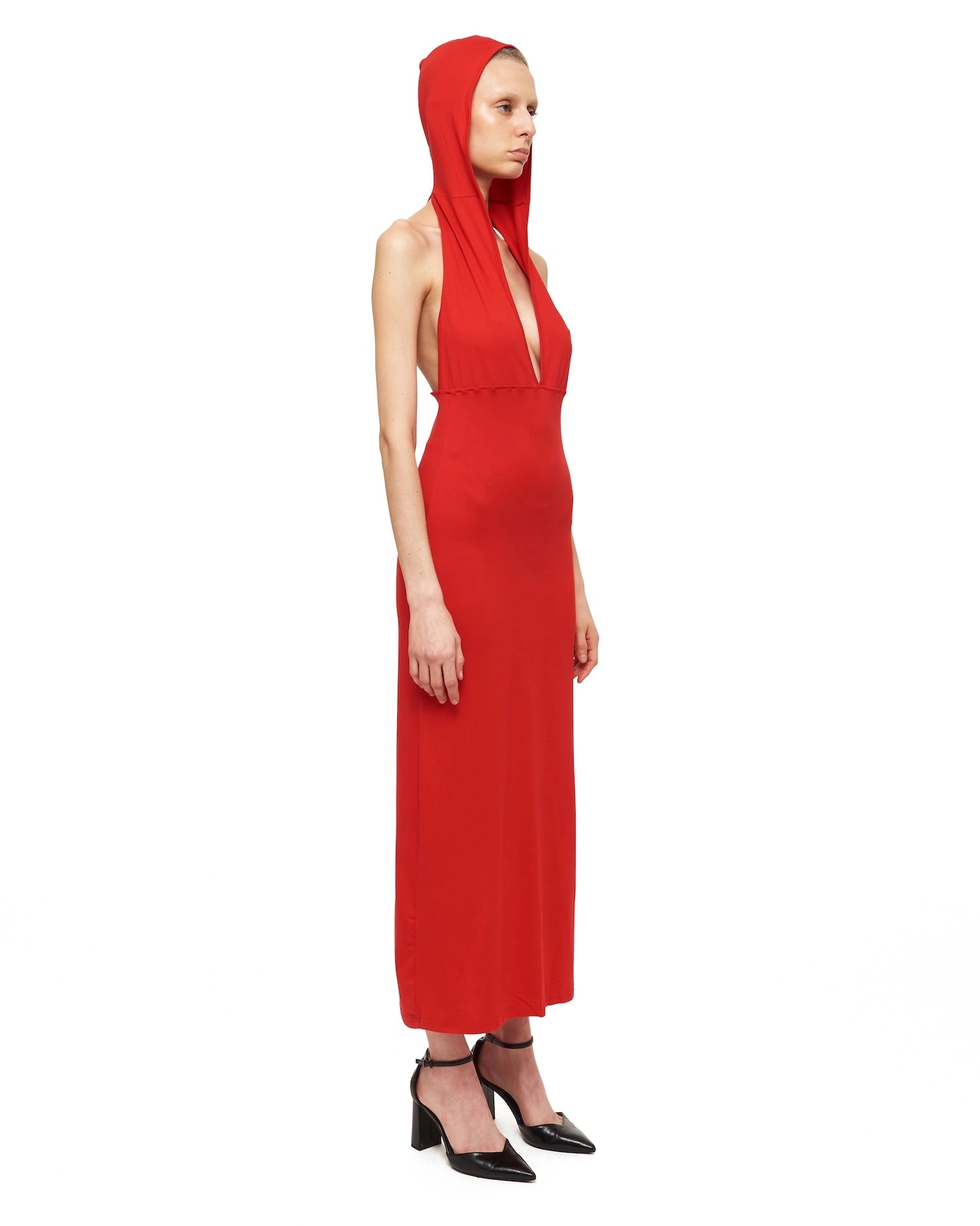 Red Hood V-Neck Maxi Dress