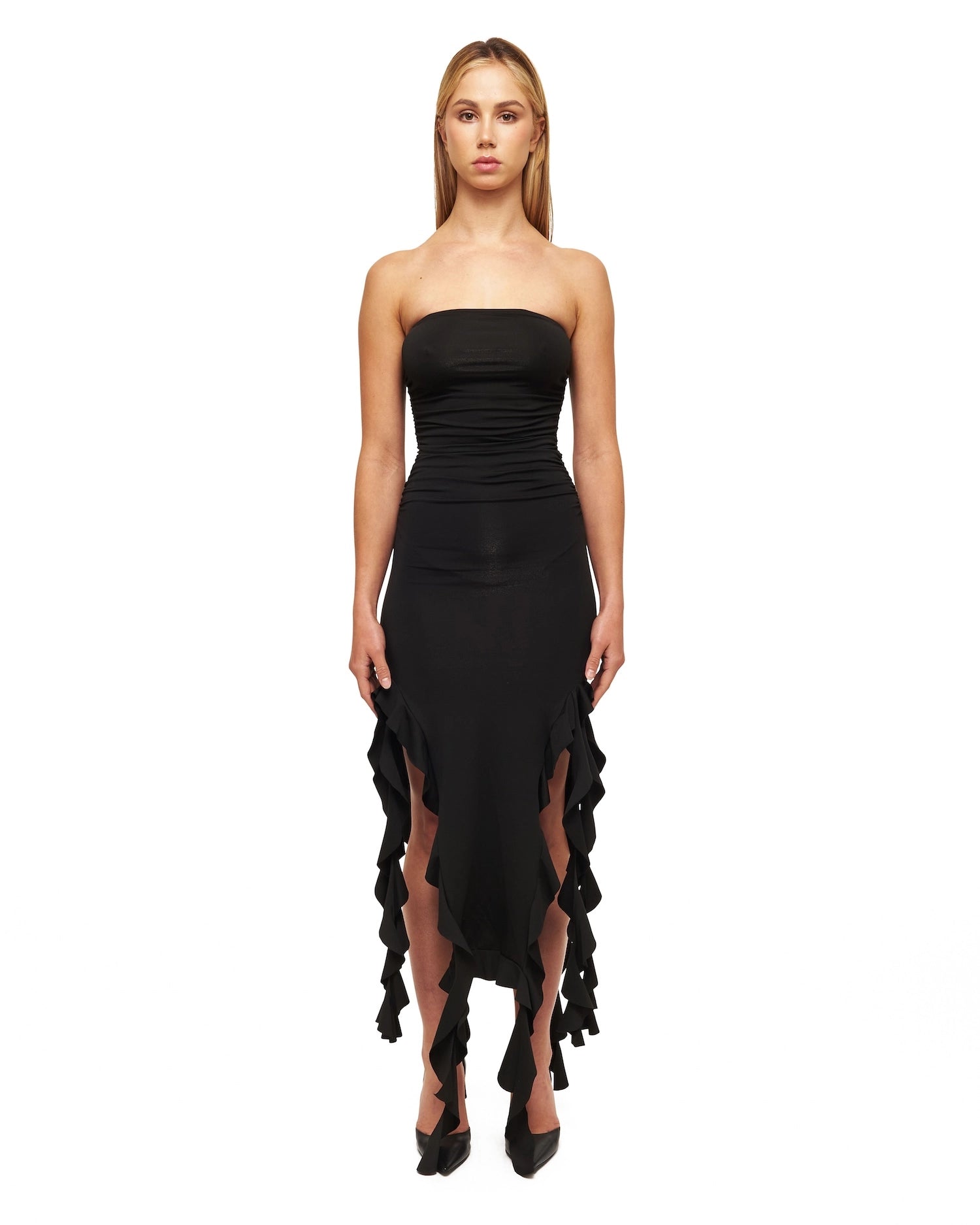 Black Draped Knit Midi Dress