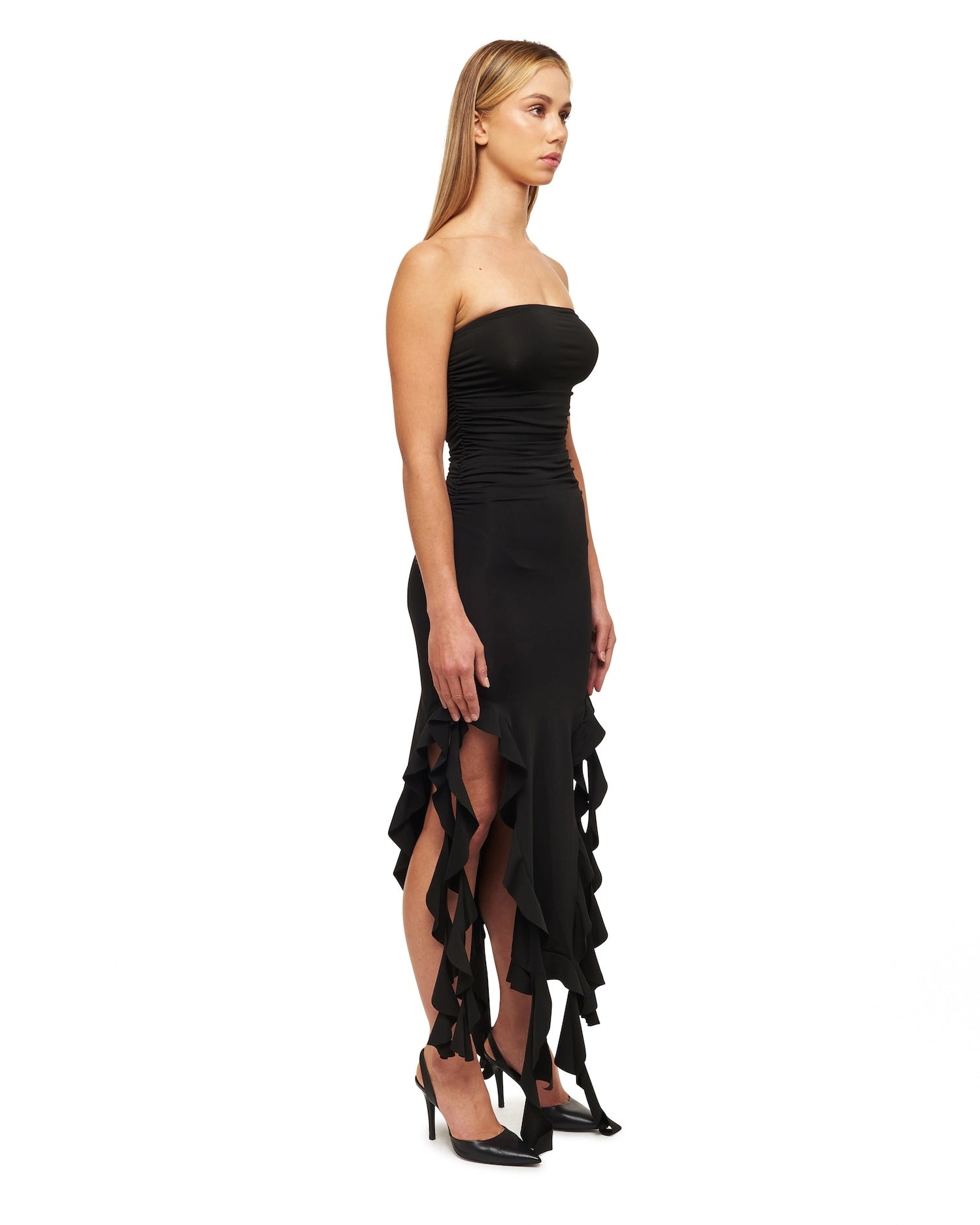 Black Draped Knit Midi Dress